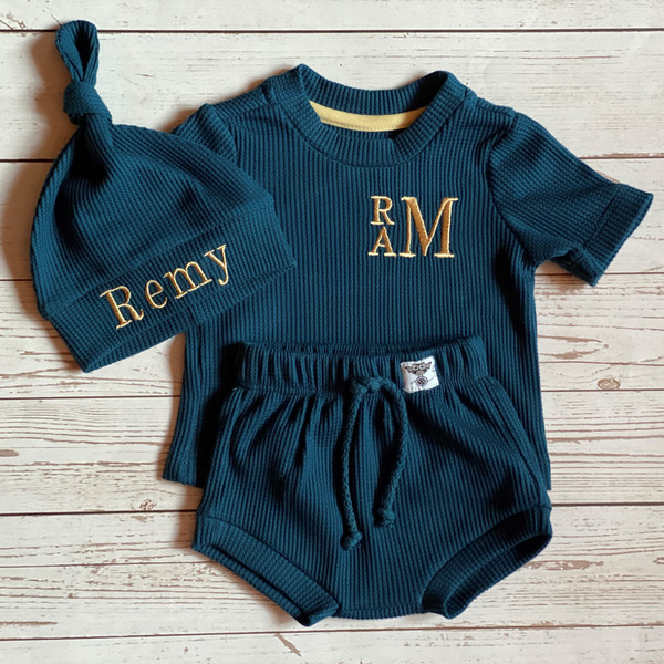 Teal custom shirt baby boy coming home outfit - gender neutral baby clothes - waffle baby outfit as personalised gifts.jpg