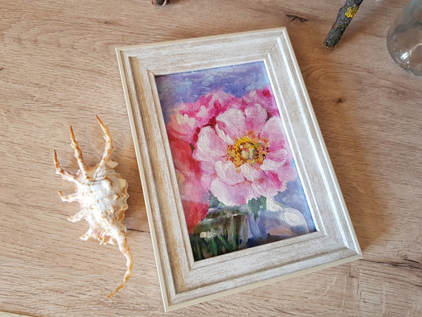 4 Small oil painting in a frame under glass - Peony Flower  5.9 - 3.9 in..jpg