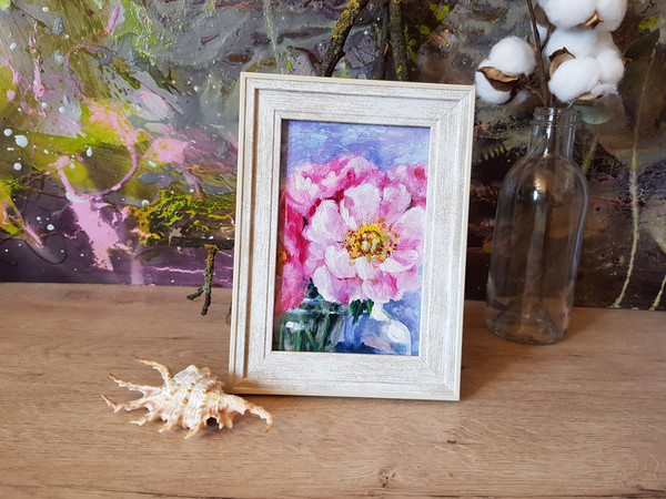 7 Small oil painting in a frame under glass - Peony Flower  5.9 - 3.9 in..jpg