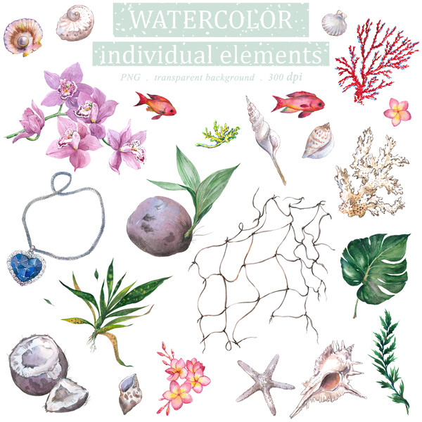 Watercolor Illustration set Of marine theme with corals, shells, fish, tropical flowers orchids, Floral Clipart PNG and patterns_8mb.jpg