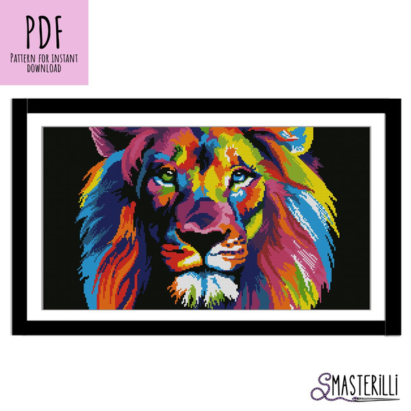 Rainbow lion cross stitch pattern PDF, animals in pop art style.JPG