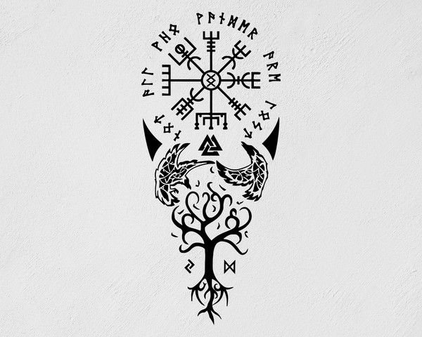 Vegvisir Huginn Munnin Yggdrasil Tree Wotan Odin Compass Runes Sticker Popular