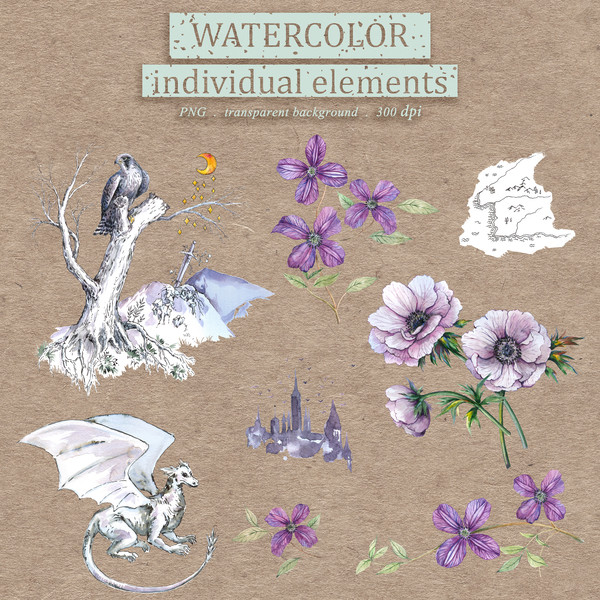 Watercolor Illustration set Of Excalibur and flower, Floral Clipart PNG and patterns.jpg