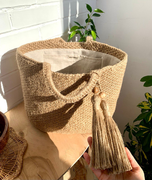 Jute crochet Bag with lining and tassel, Beach basket bag, C - Inspire ...