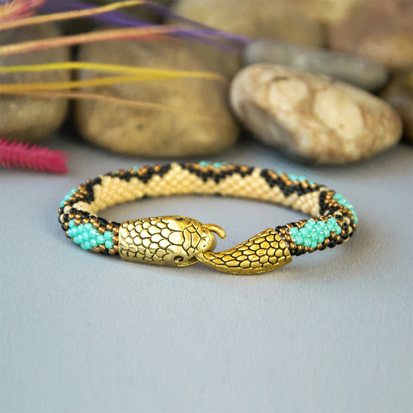 Turquoise Beaded Snake Bracelet for Women Ouroboros Jewelry Serpent Bracelet Seed Bead Bracelet Handcrafted Gifts 8.5 Inches | IrisBeadsArt