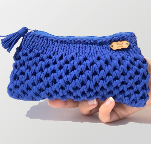 Blue crochet cosmetic bag, Boho knitted makeup organizer, Tr