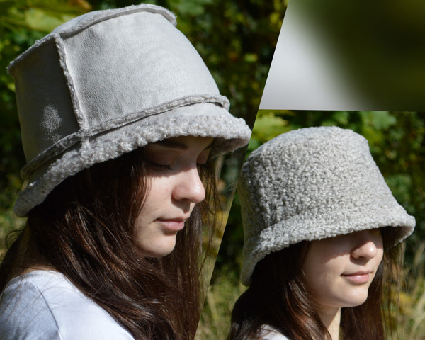 Reversible gray bucket hat for women. Cute winter hat made of faux suede. Fashion faux shearling and fur hat.Fluffy furry hat