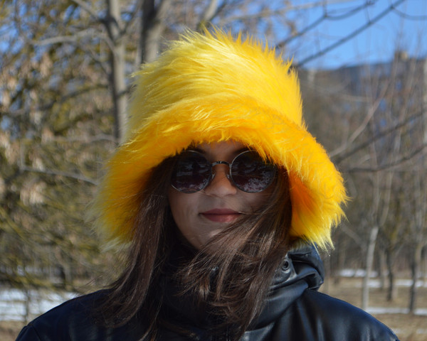Bright yellow faux fur hat. Faux fur bucket hat. Festival fuzzy neon hat. Acid yellow fluffy hat. Rave shaggy bucket hat