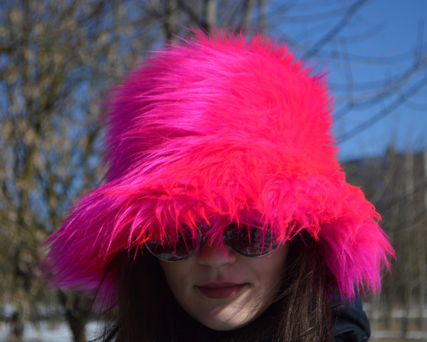 Neon pink hat. Faux fur bucket hat. Festival fuzzy neon hat