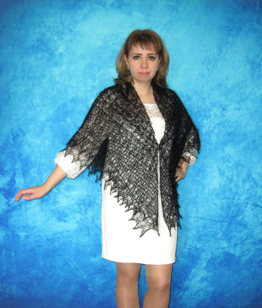 Hand knit black Russian Orenburg shawl, Woolen wrap, Goat down kerchief, Warm cover up, Handmade stole, Mourning cape 4.JPG