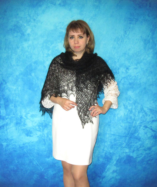 Hand knit black Russian Orenburg shawl, Woolen wrap, Goat down kerchief, Warm cover up, Handmade stole, Mourning cape 6.JPG
