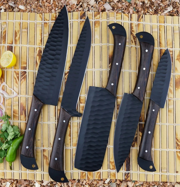5 PC Custom Handmade Hand Forged Black Coated Carbon Steel Chef Set.jpeg