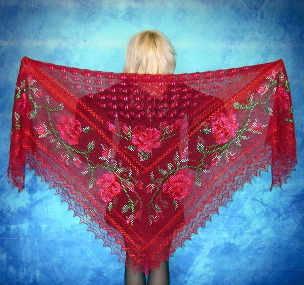 Red embroidered Orenburg Russian shawl, Lace wedding warm bridal cape, Hand knit cover up, Wool wrap, Stole, Kerchief 2.JPG
