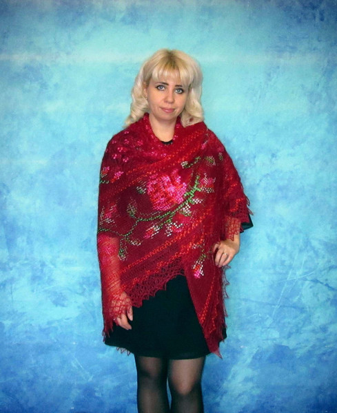 Red embroidered Orenburg Russian shawl, Lace wedding warm bridal cape, Hand knit cover up, Wool wrap, Stole, Kerchief 6.JPG