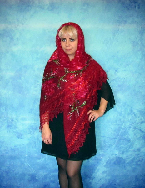 Red embroidered Orenburg Russian shawl, Lace wedding warm bridal cape, Hand knit cover up, Wool wrap, Stole, Kerchief 7.JPG