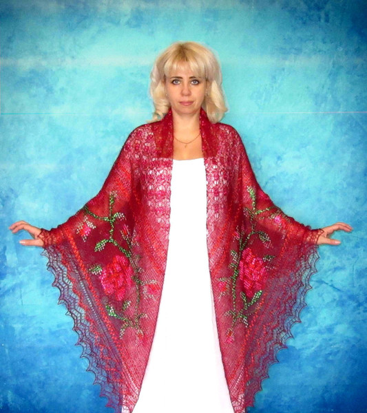 Red embroidered Orenburg Russian shawl, Lace wedding warm bridal cape, Hand knit cover up, Wool wrap, Stole, Kerchief 11.JPG
