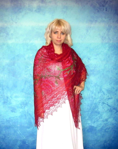 Red embroidered Orenburg Russian shawl, Lace wedding warm bridal cape, Hand knit cover up, Wool wrap, Stole, Kerchief 13.JPG