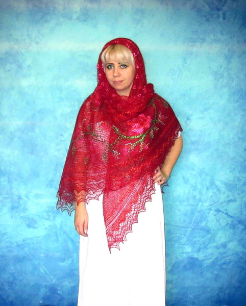 Red embroidered Orenburg Russian shawl, Lace wedding warm bridal cape, Hand knit cover up, Wool wrap, Stole, Kerchief 14.JPG