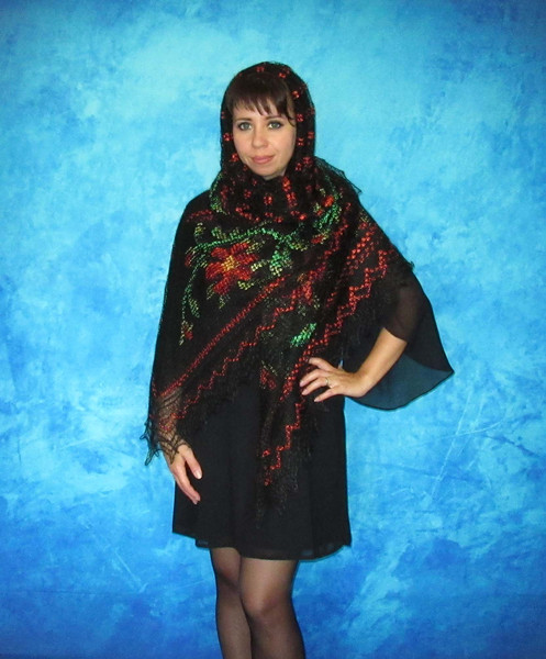 Black embroidered Orenburg Russian shawl, Hand knit cover up, Wool wrap, Lace stole, Warm bridal cape, Kerchief, Pashmina 7.JPG