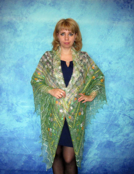 Green embroidered Orenburg Russian shawl, Hand knit cover up, Wool wrap, Handmade stole, Warm bridal cape, Lace kerchief 5.JPG