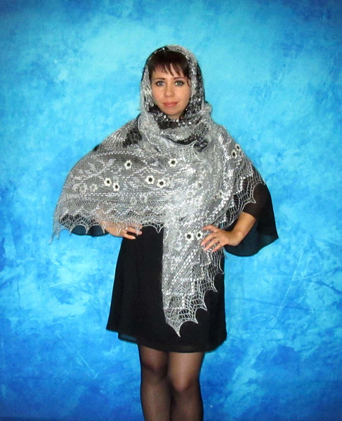 Gray embroidered Orenburg Russian shawl, Hand knit cover up, Wool wrap, Handmade stole, Warm bridal cape, Kerchief, Scarf 7.JPG