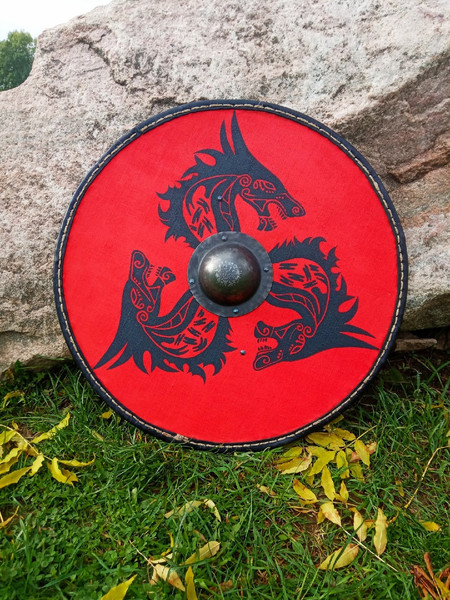 Fenrir red wolf viking round shield Authentic celtic battle medieval shield Larp shield for viking or medieval reenactment.jpg