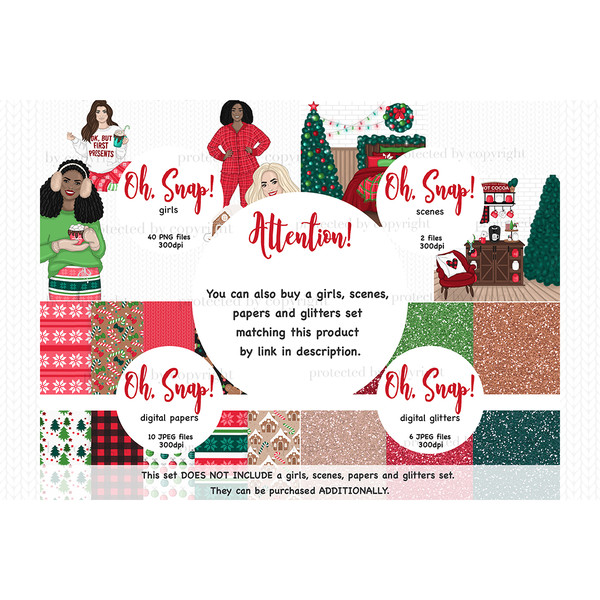 Girls celebrate Christmas in pajamas and sweaters with hot cocoa. Christmas scenes with Christmas tree, New Year's wreaths, garlands, Christmas digital papers w