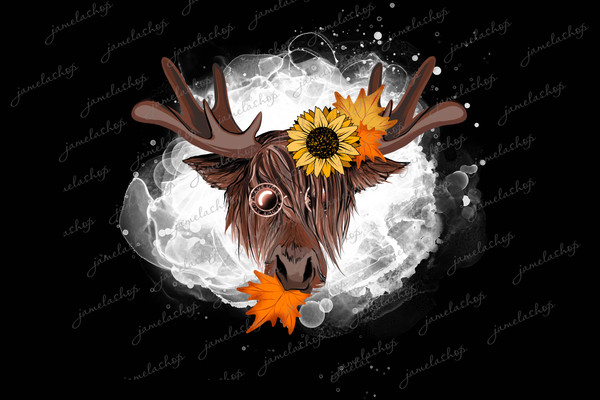 Moose with sunflower and leafs wreath on bleach background PNG sublimation