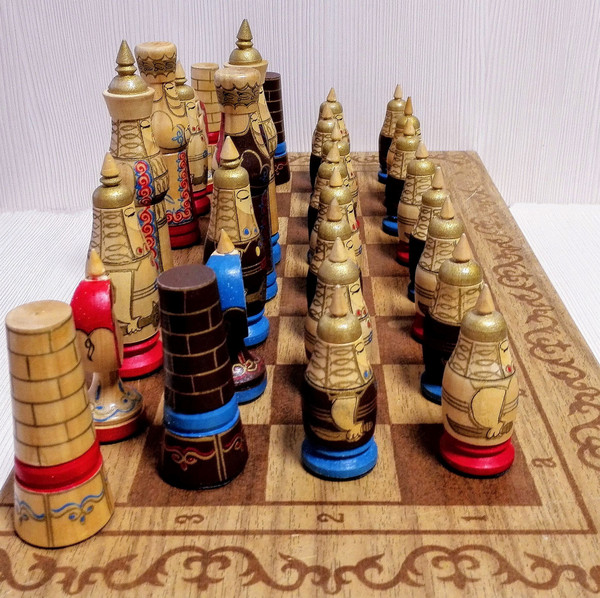 Antique Russian chess pieces Cannon Rook - wooden old Soviet