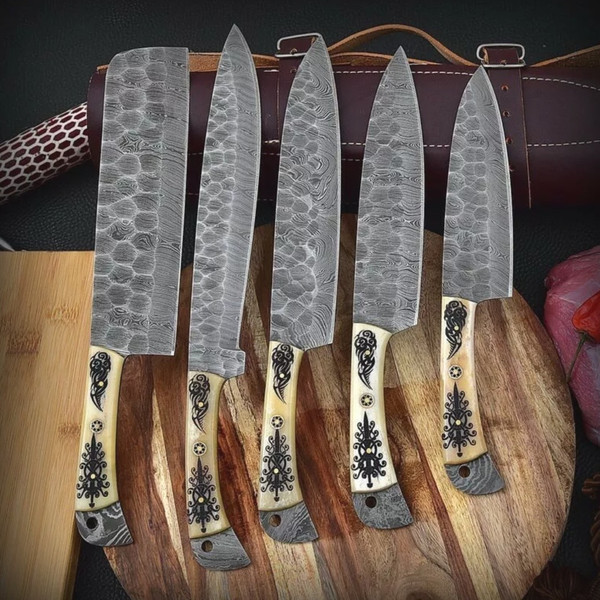 Handmade Damascus Chef Knife Set Of 5 Pcs With leather Sheath Father's Day Gift Groomsmen Gift BBQ.jpeg