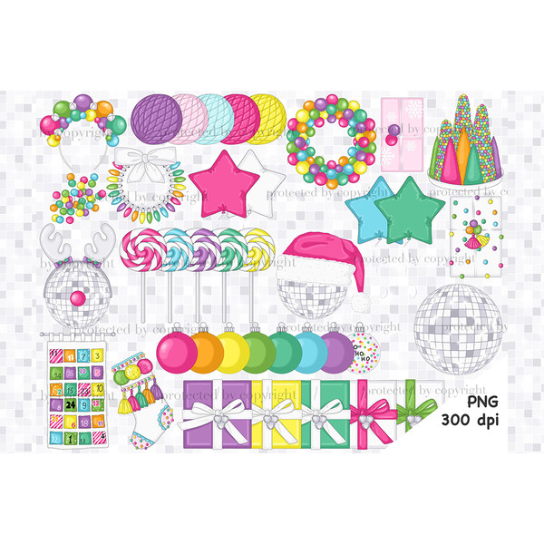 Bright multicolored Christmas decorative attributes. Christmas advent calendar. Multicolored garland. Disco ball with deer antlers. Santa hat. Christmas sock. C