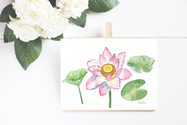 Pink Lotus and Leaves Watercolor II 4.jpg