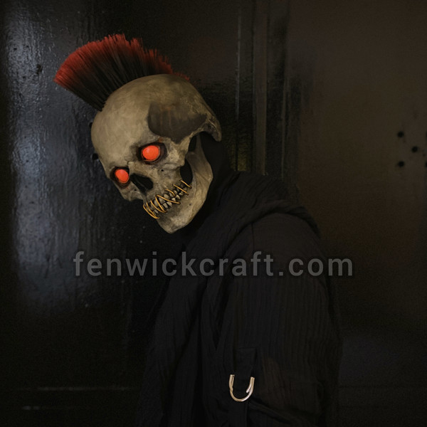 rock punk skull moving jaw helmet red hair and red eyes