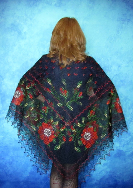 Black embroidered large Orenburg Russian shawl, Hand knit cover up, Wool wrap, Handmade stole, Warm bridal cape, Kerchief, Big scarf, Pashmina 11.JPG