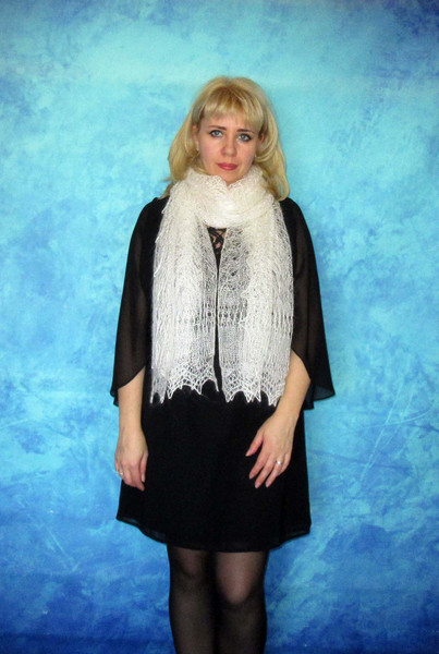 White woolen scarf, Hand knit wrap, Lace wedding shawl, Warm bridal cape, Goat down cover up, Russian Orenburg shawl, Stole, Kerchief 5.JPG