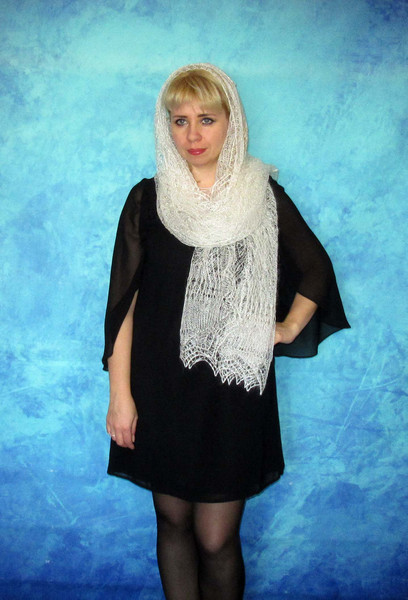 White woolen scarf, Hand knit wrap, Lace wedding shawl, Warm bridal cape, Goat down cover up, Russian Orenburg shawl, Stole, Kerchief 6.JPG