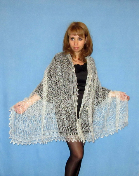 White wool scarf, Hand knit wrap, Lace wedding cover up, Warm bridal cape, Goat down Russian Orenburg shawl 2.jpg