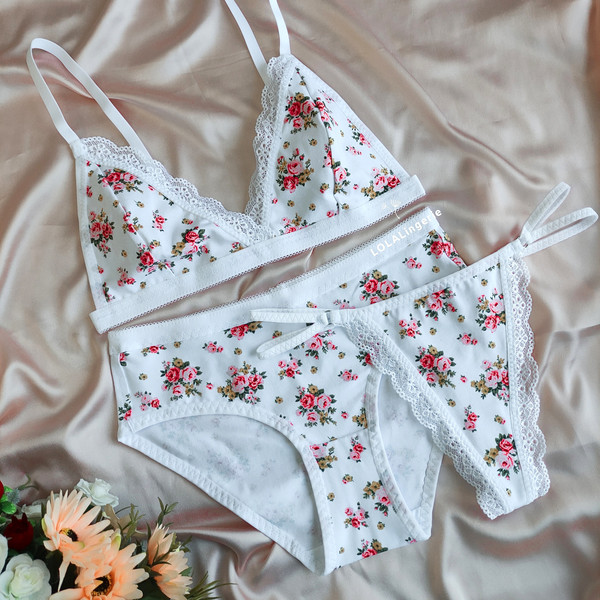 Organic cotton lingerie set, White Floral Women's Underwear