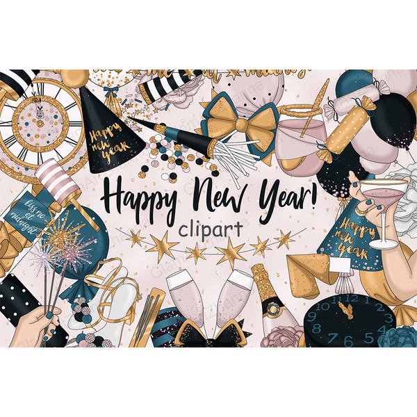 Happy New Year clipart set in black and gold. Golden chimes. Glasses of champagne. New Year's black hat. Christmas crackers, confetti and sparklers. New Year's 
