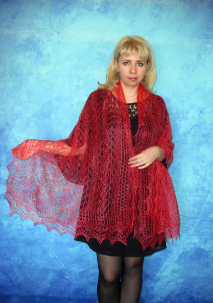 Red wool scarf, Hand knit wrap, Lace wedding shawl, Warm bridal cape, Goat down cover up, Russian Orenburg shawl, Handmade stole, Kerchief, Gift for a woman 3.J