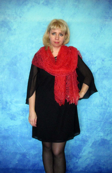 Red wool scarf, Hand knit wrap, Lace wedding shawl, Warm bridal cape, Goat down cover up, Russian Orenburg shawl, Handmade stole, Kerchief, Gift for a woman 4.J