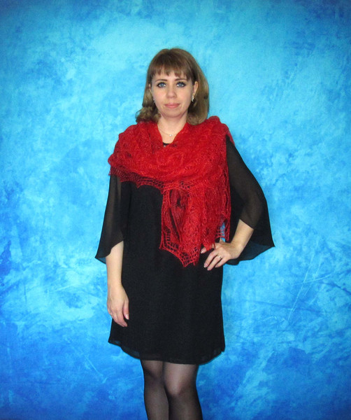 Red wool scarf, Hand knit wrap, Lace wedding shawl, Warm bridal cape, Goat down cover up, Russian Orenburg shawl, Handmade stole, Kerchief, Gift for a woman 4.J