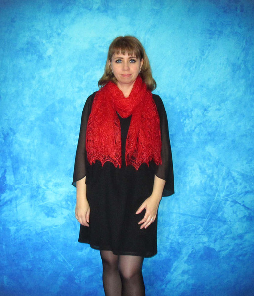 Red wool scarf, Hand knit wrap, Lace wedding shawl, Warm bridal cape, Goat down cover up, Russian Orenburg shawl, Handmade stole, Kerchief, Gift for a woman 5.J