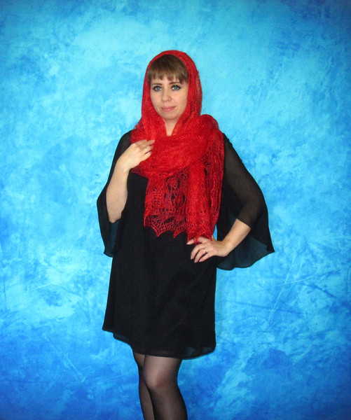 Red wool scarf, Hand knit wrap, Lace wedding shawl, Warm bridal cape, Goat down cover up, Russian Orenburg shawl, Handmade stole, Kerchief, Gift for a woman 6.J