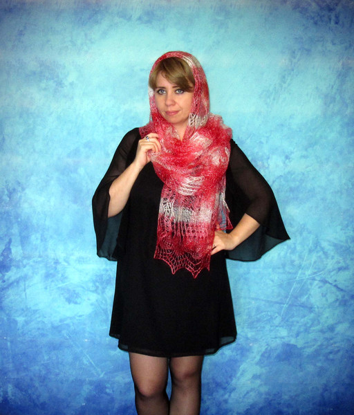 Bright red hand-knitted scarf, Handmade Russian Orenburg shawl, Goat wool cover up, Warm shoulder wrap, Lace pashmina, Kerchief, Stole, Cape, Gift for a woman 5