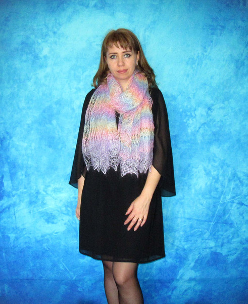 Hand knit bright colorful multicolored scarf, Handmade Russian Orenburg shawl, Goat wool cover up, Warm shoulder wrap, Kerchief, Stole 5.JPG