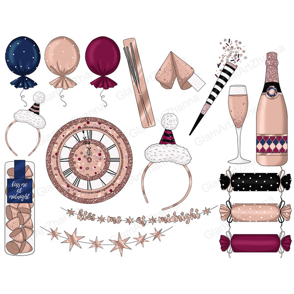 Rose gold fashionable New Years balloons. Bengal lights. Bottle and glass of pink champagne. Pack of fortune cookies. Burgundy, blue and beige balloons and cand