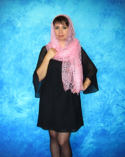Pink wool scarf, Russian Orenburg shawl, Hand knit wrap, Wedding shawl, Warm bridal cape, Goat down cover up, Stole, Kerchief, Lace pashmina 6.JPG