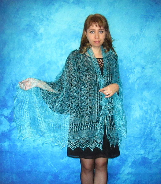 Hand knit turquoise scarf, Handmade Russian Orenburg shawl, Goat wool shoulder wrap, Warm cover up, Lace pashmina, Downy kerchief, Stole, Cape, Gift for a woman
