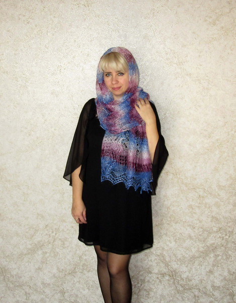 Hand knit plum-blue scarf, Handmade Russian Orenburg shawl, Warm cover up, Goat wool wrap, Lace pashmina, Downy kerchief, Stole, Cape, Gift for a woman 5.JPG